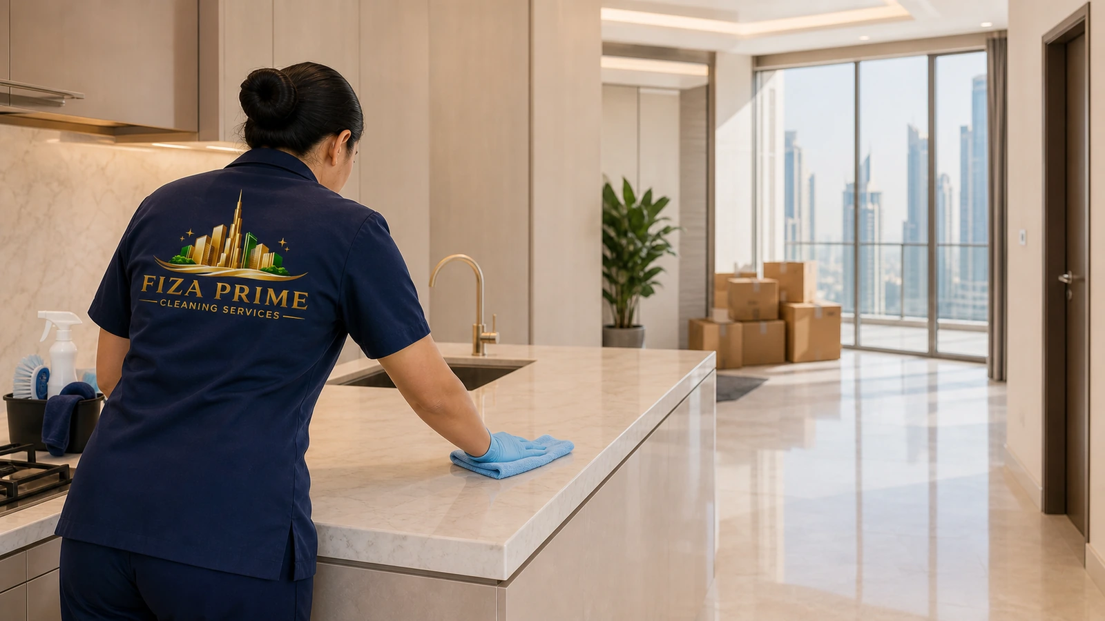 Representative Fiza Prime cleaner in a navy branded uniform preparing a Dubai apartment for handover