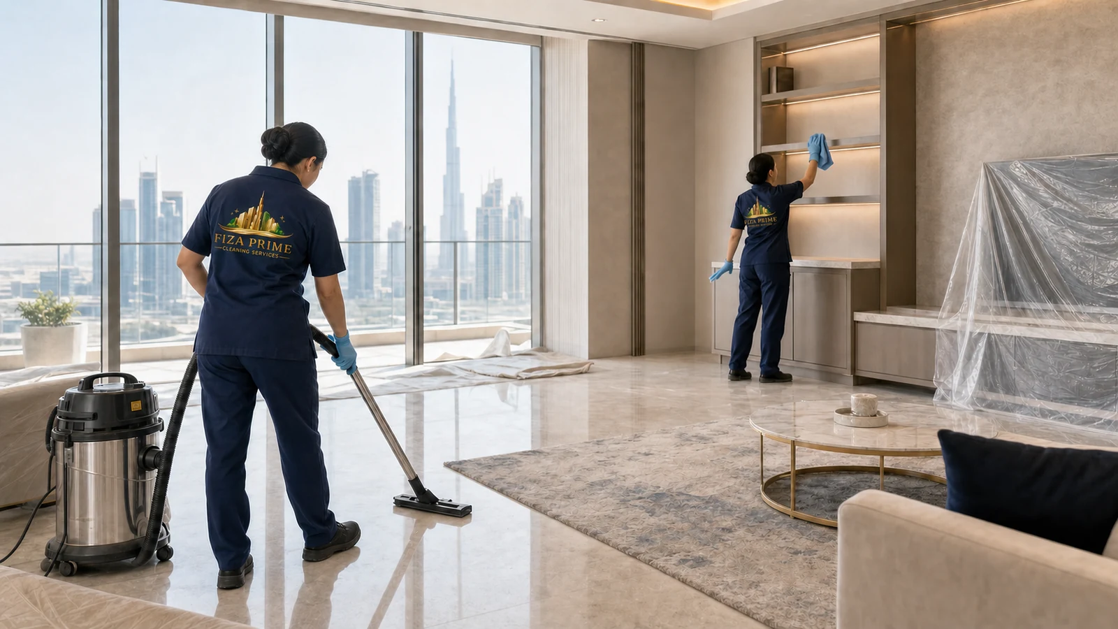 Representative Fiza Prime cleaners in navy branded uniforms removing post-construction dust from a Dubai apartment