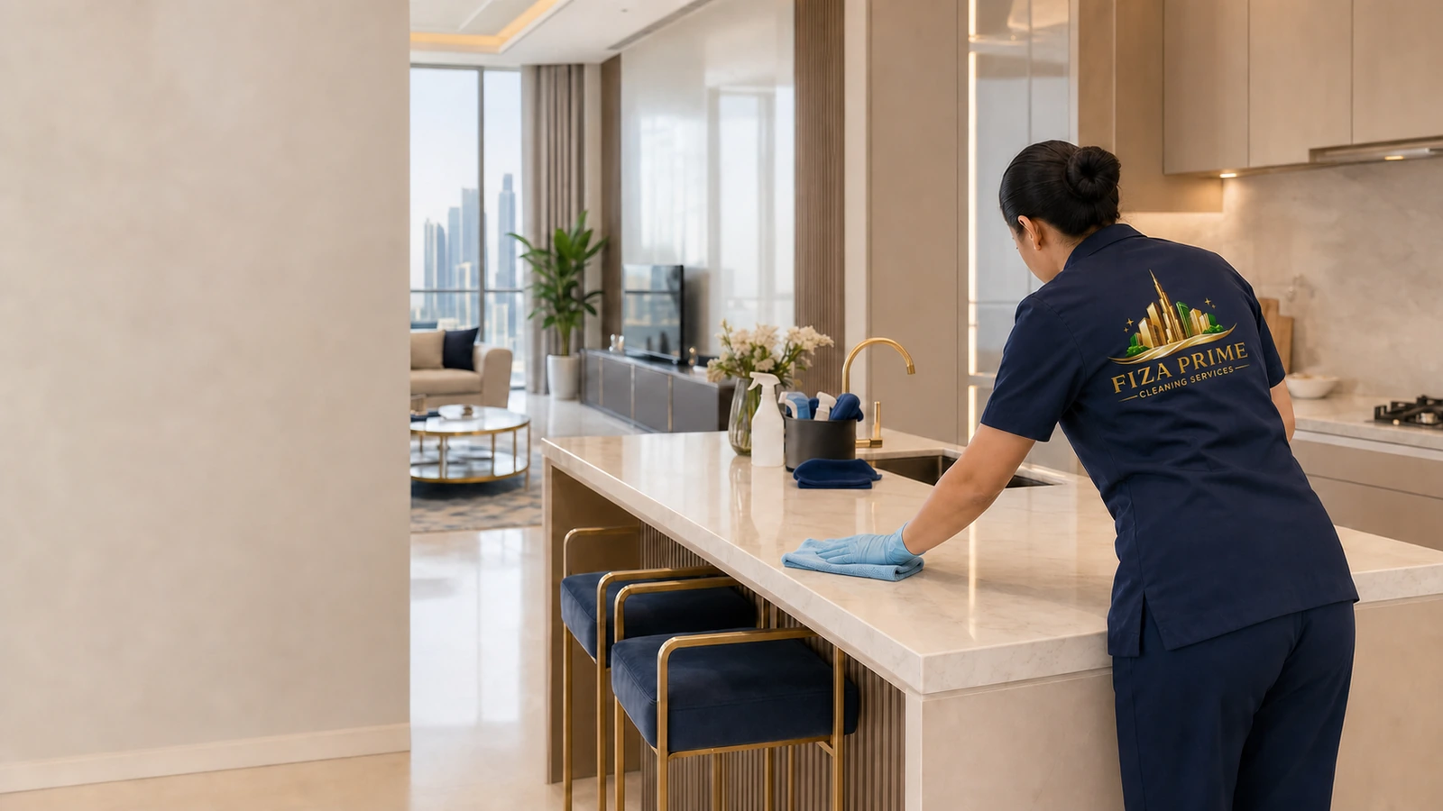 Representative Fiza Prime cleaner in a navy branded uniform deep cleaning a Dubai apartment kitchen